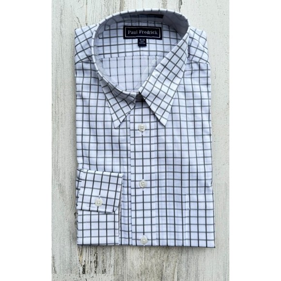 New Paul Fredrick Dress Shirt 16/35 100% Cotton Button Down Gray Checkered Dobby - Picture 1 of 9